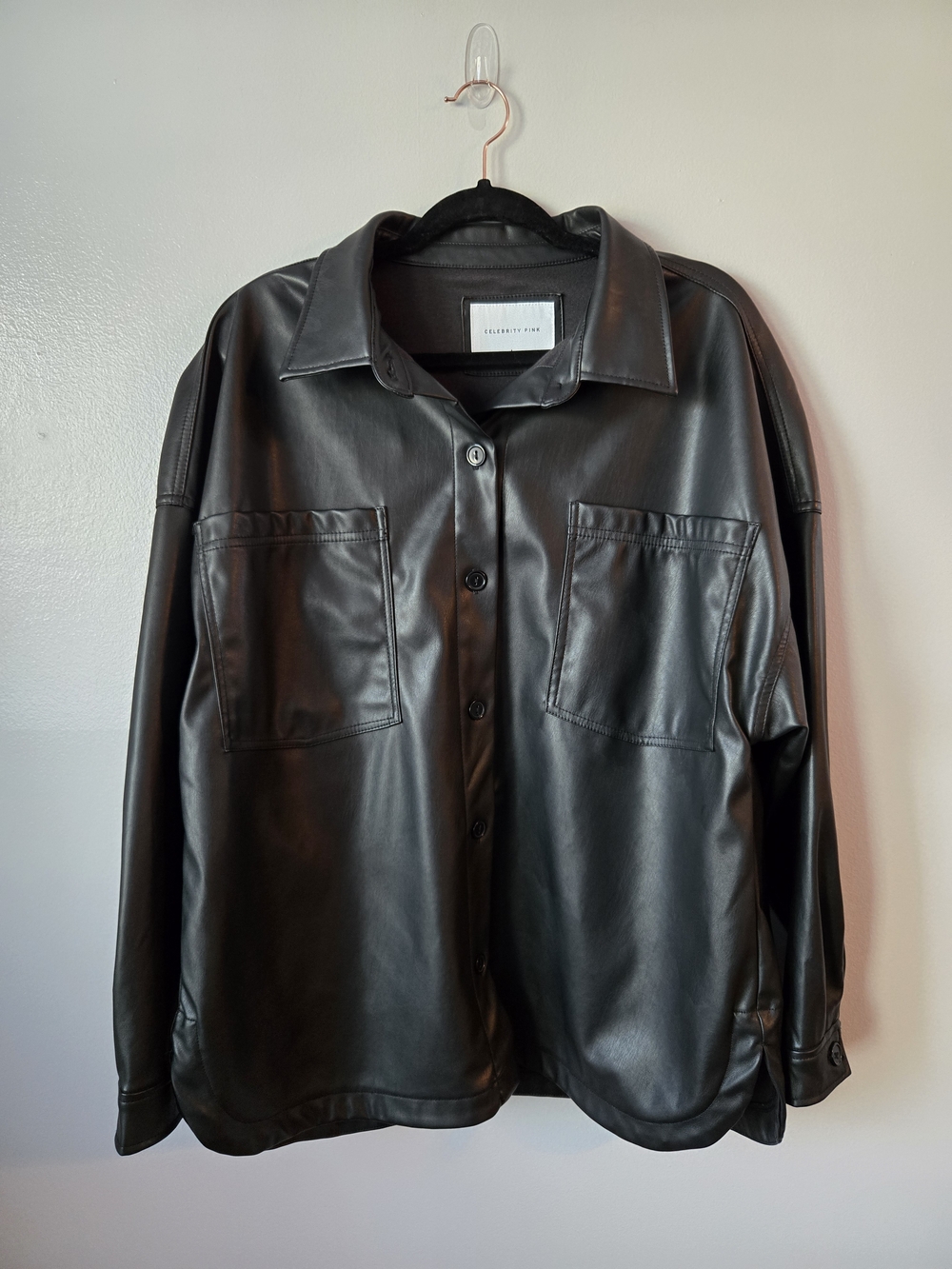 Celebrity Pink Black Faux Leather Oversized Shacket Button Down Jacket Large